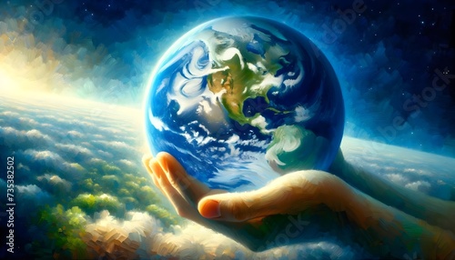 The image depicts a hand gently holding the Earth against a backdrop of clouds and space, with the sun's rays illuminating the planet.