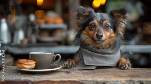 a small dog sitting at a table with a cup of coffee and a donut on the table next to it. photo