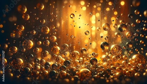The image depicts numerous golden bubbles of varying sizes ascending in a warm, glowing backdrop with rays of light filtering through.