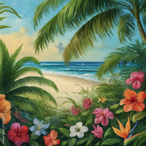 Sea-beach illustration with flowers  leaves  and trees.