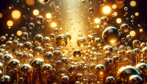 This image features a multitude of golden bubbles floating and shimmering against a dark background with a warm, glowing bokeh effect.