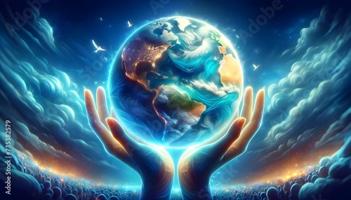 The image depicts a pair of hands lifting a glowing Earth against a backdrop of a vibrant, celestial scene with birds, clouds, and a multitude of small figures in silhouette.

