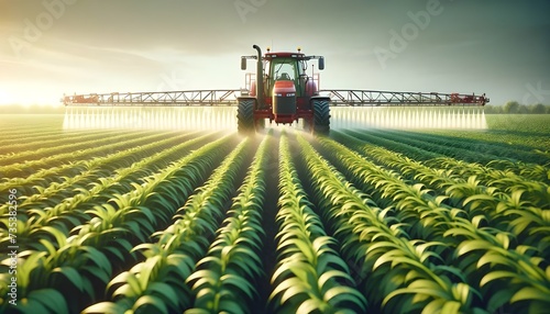 A modern red tractor is spraying a field of lush green crops with a hazy sunrise in the background.

