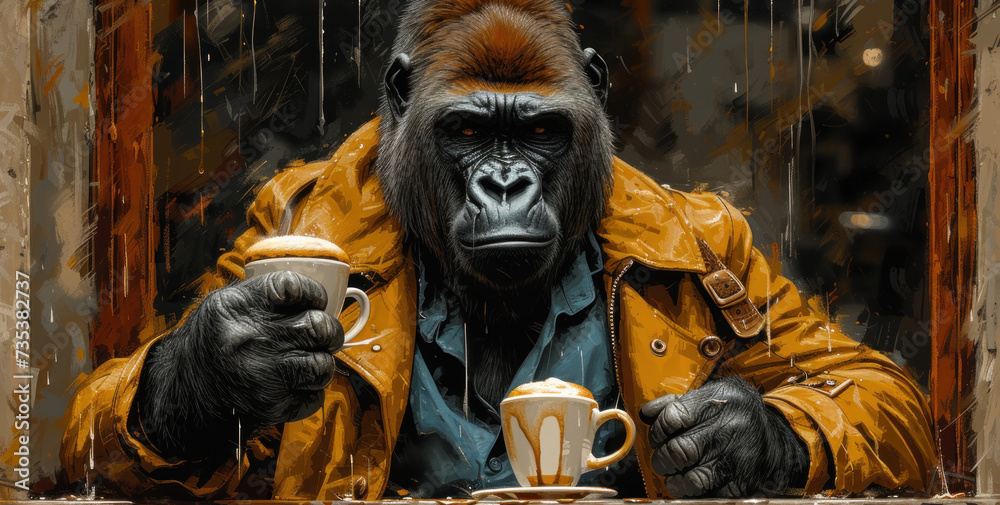 a gorilla sitting at a table with a cup of coffee in his hand and a mug in his other hand.