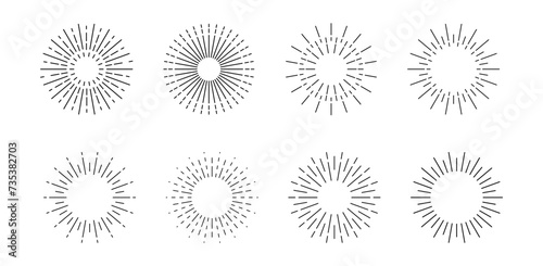 Sunburst template set. Bursting sun rays. Fireworks. Vintage design element. Radial sunset beams isolated PNG