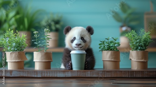 a panda bear sitting on top of a wooden table next to potted plants and holding a cup of coffee. photo