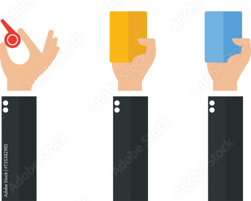 Hand of businessman showing a whistle, yellow card and red card
