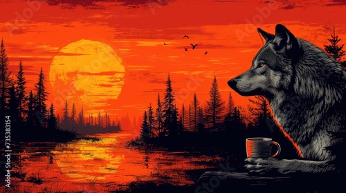 Fotografie, Obraz a painting of a wolf sitting on a log with a cup of coffee in front of a lake at sunset