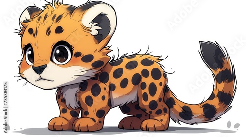 a drawing of a baby cheetah with spots on it's face and tail, standing in front of a white background. photo