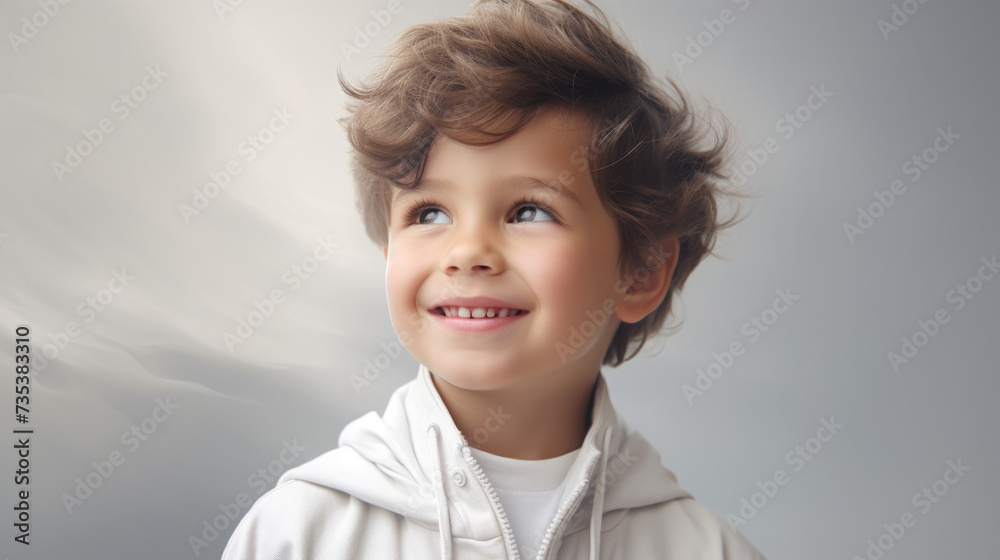 Young Smiling Boy with Wavy Hair and Soft Light on His Face Against a Grey Gradient Background Young Smiling Boy with Wavy Hair and Soft Light on His Face Against a Grey Gradient Background