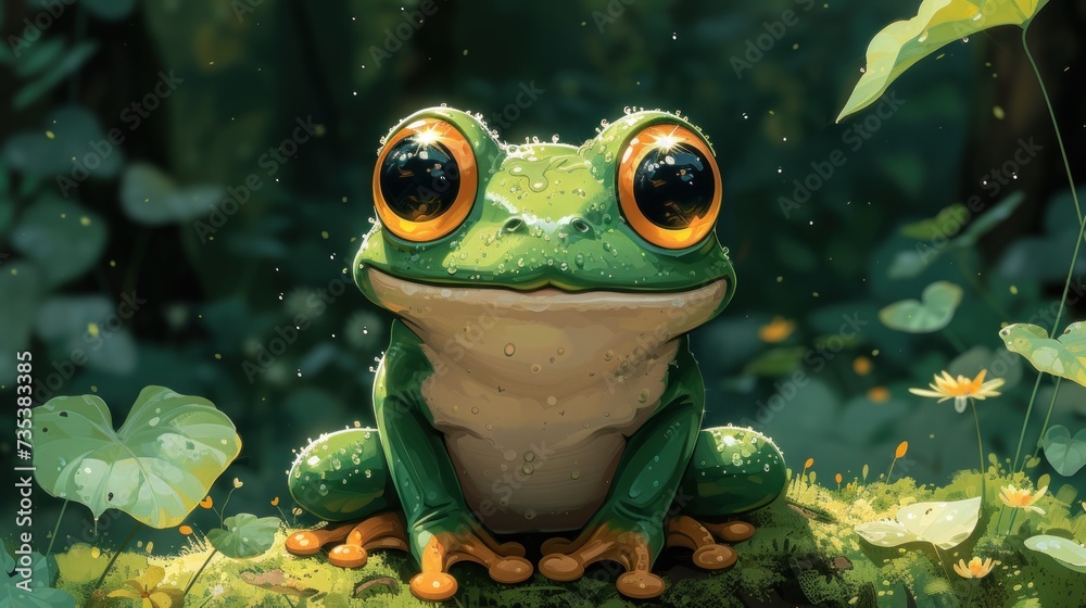 a green frog sitting on top of a lush green grass covered forest covered in lots of green leaves and flowers. a green frog sitting on top of a lush green grass covered forest covered in lots of green leaves and flowers.