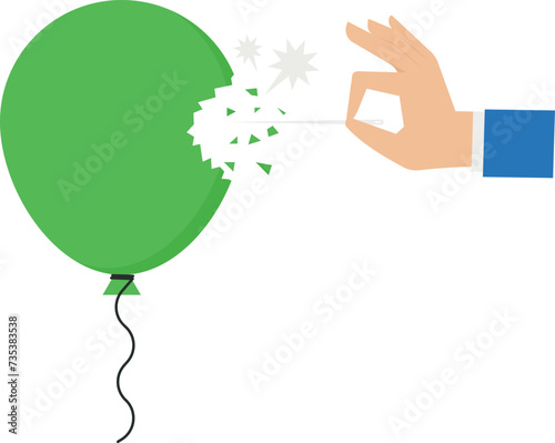 Hand pushing needle to pop the balloon. Business concept
