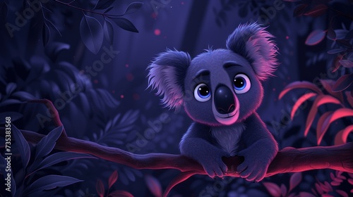a cartoon koala sitting on a tree branch in a forest at night with red leaves and purple hues. photo