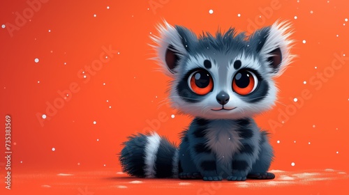 a cute little racoon sitting in front of an orange background with snow flakes on it's surface. © Shanti