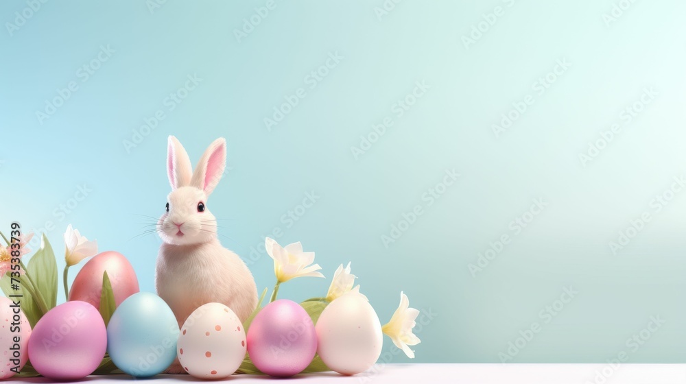 Bunny Sitting in Front of Row of Painted Eggs