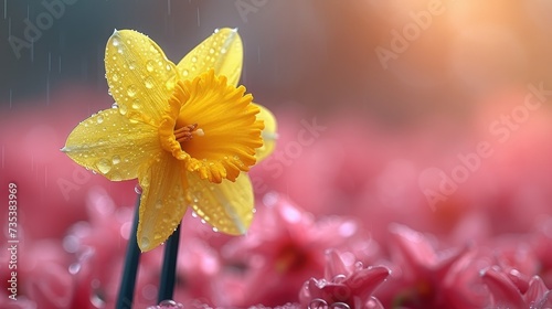a single yellow daffodil in the middle of a field of red tulips in the rain. photo