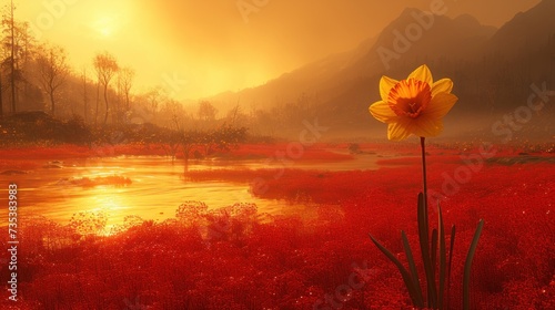 a yellow flower is in the foreground of a red field with a body of water and mountains in the background.