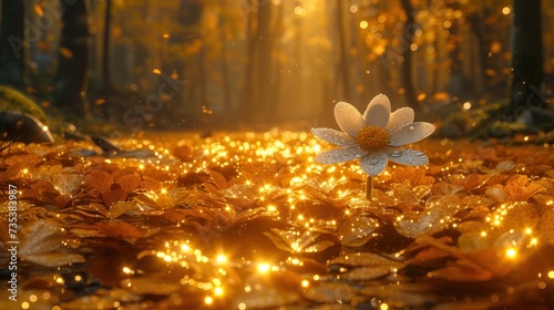 a white flower sitting on top of a pile of leaves next to a forest filled with lots of yellow leaves. photo
