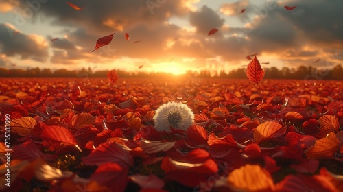 a dandelion sits in the middle of a field of red leaves as the sun sets in the background. photo