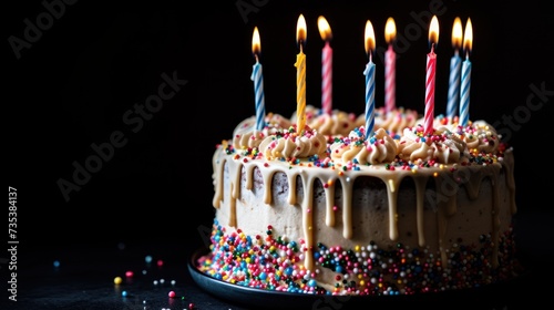 a birthday cake with lit candles and sprinkles on a table with confetti and sprinkles. photo