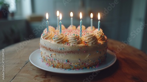 a birthday cake with white frosting and lit candles on a wooden table with a wooden table in the background. photo