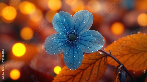 a close up of a blue flower with drops of water on it and a blurry background of orange leaves. photo