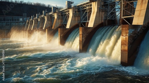An upclose shot of a hydroelectric dam highlighting how water can be harnessed to generate clean energy for a factory.