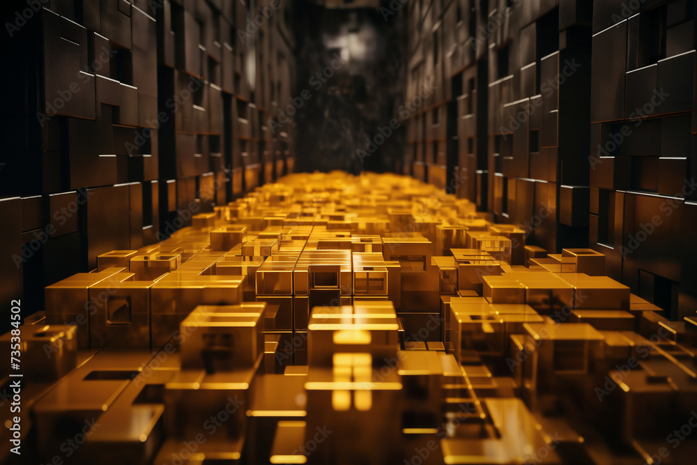 a very large room with many golden block shapes on the floor and walls, in the style of 3D rendering