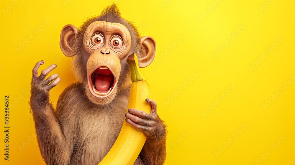 Primate holding banana with fawn snout, in happy gesture on yellow background, copy space