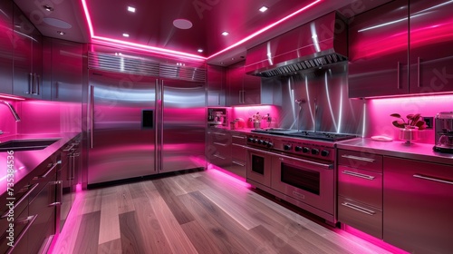 a pink kitchen with stainless steel appliances and a pink light on the wall above the stove and the countertop. photo