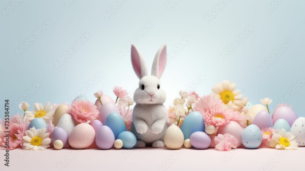White Bunny Sitting in Front of Eggs White Bunny Sitting in Front of Eggs