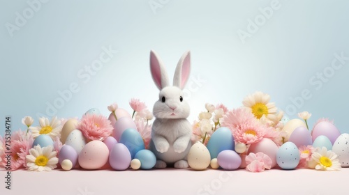 White Bunny Sitting in Front of Eggs