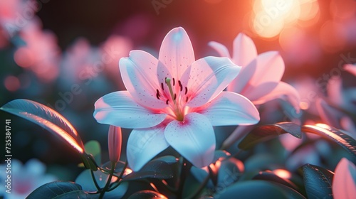 a close up of a pink and white flower with green leaves in the foreground and the sun in the background. photo