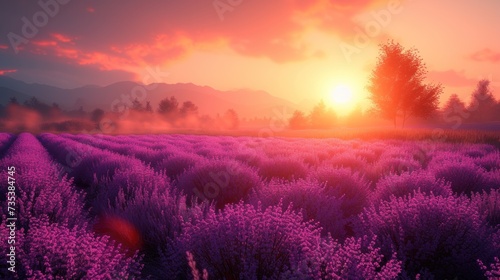 a field of lavender flowers at sunset with the sun setting over the mountains in the distance and the clouds in the sky.