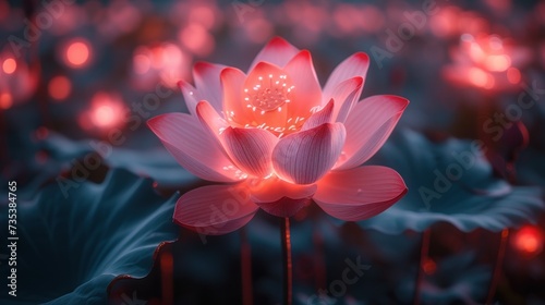 a large pink flower sitting on top of a lush green leaf covered field next to a forest of red lights.