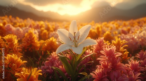 a large field of flowers with the sun shining through the clouds in the middle of the picture, with a single white flower in the middle of the picture. photo