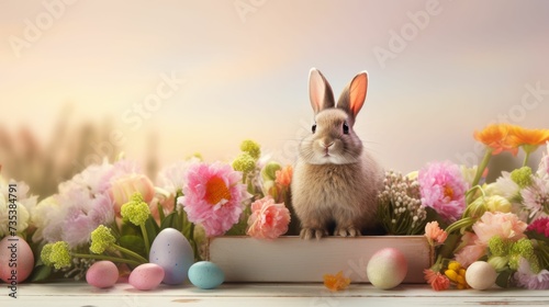 Bunny Sitting in Box Surrounded by Flowers