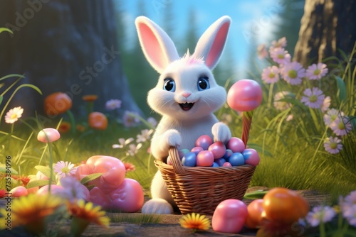 White Rabbit Sitting in Basket Filled With Eggs