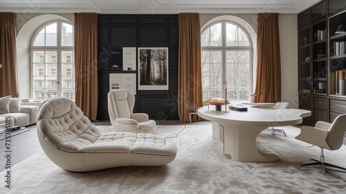 a living room filled with furniture and a white table in front of a large window covered in brown drapes.