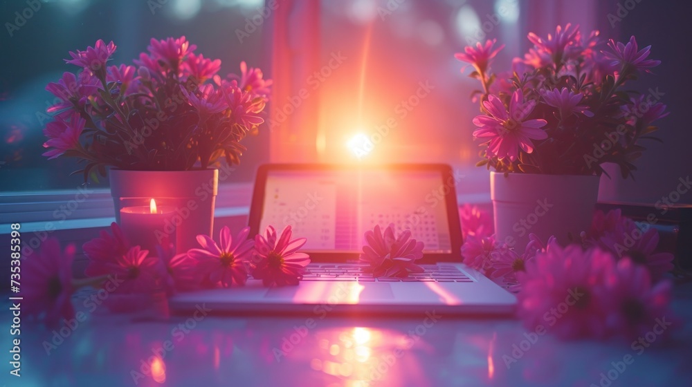 a laptop computer sitting on top of a table next to a vase filled with pink flowers and a lit candle.