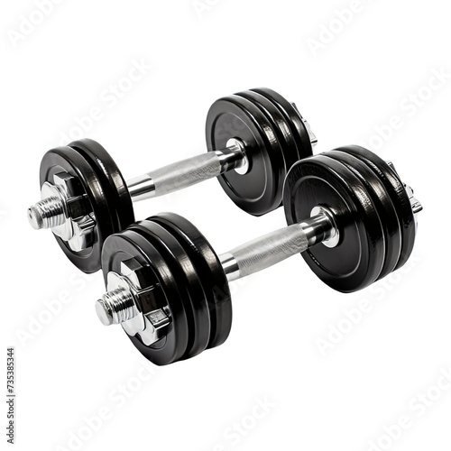 Pair of Black Gym Dumbbells on Transparent or White Background, PNG