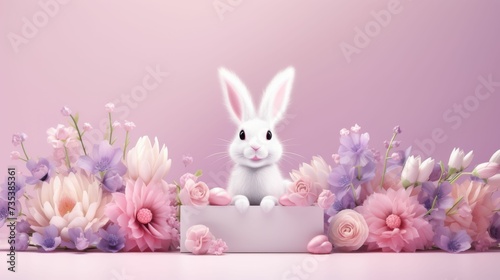 White Rabbit Sitting in Front of Flowers
