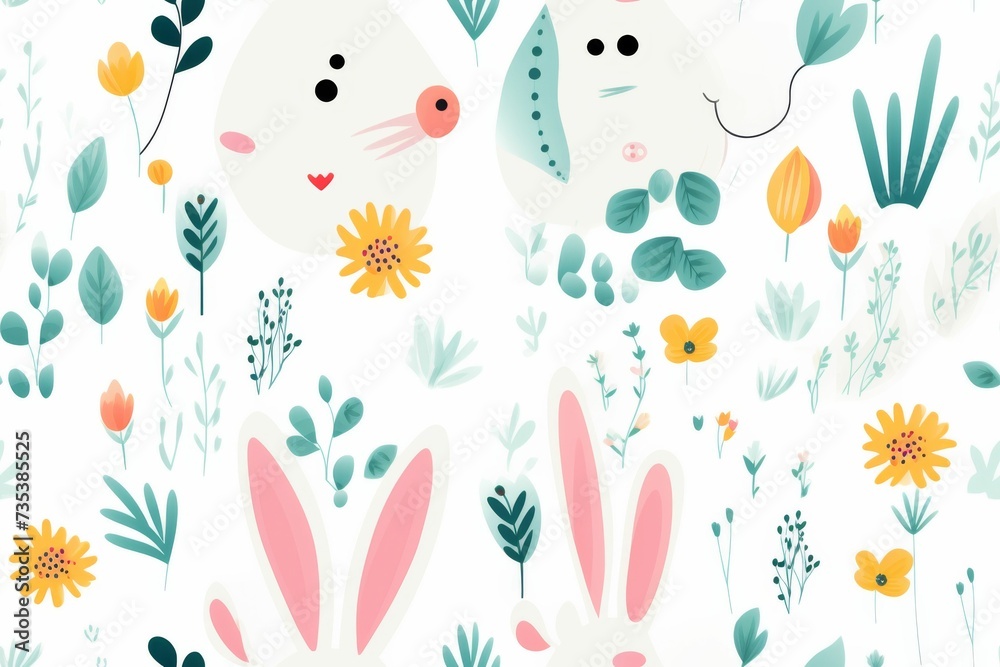 Pattern of Rabbits and Flowers on a White Background