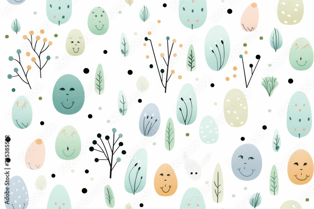 Pattern of Trees and Plants on White Background