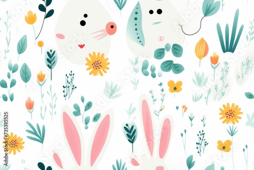 Pattern of Rabbits and Flowers on a White Background