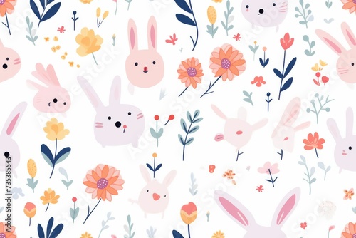 Pattern of Rabbits and Flowers on a White Background