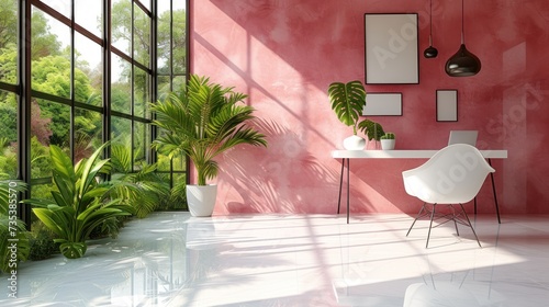 a room with a table, chair, potted plants and a large window with a view of the trees outside. photo