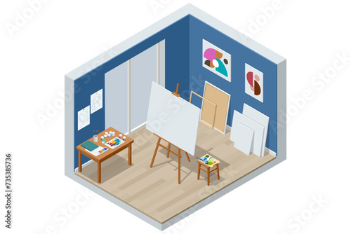 Isometric Painting, Drawing and Artwork Concept. Painting Tools Elements. Artistic Equipment: Easel, Paint Brushes, Tubes of Paint, Palette and Paintings on Work Table in a Artist Studio.