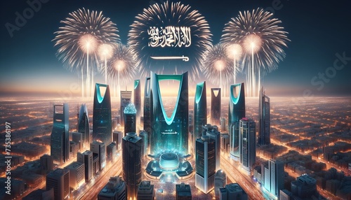 Illustration of a cityscape in saudi arabia during a celebration at night. photo