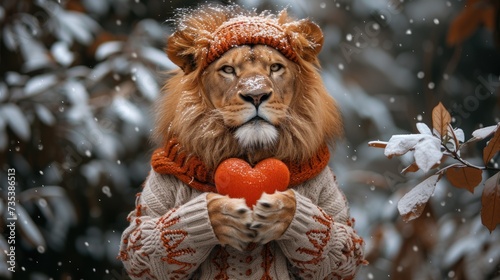 a lion in a sweater holding a heart in his hands with snow falling on the ground behind it and trees in the background.